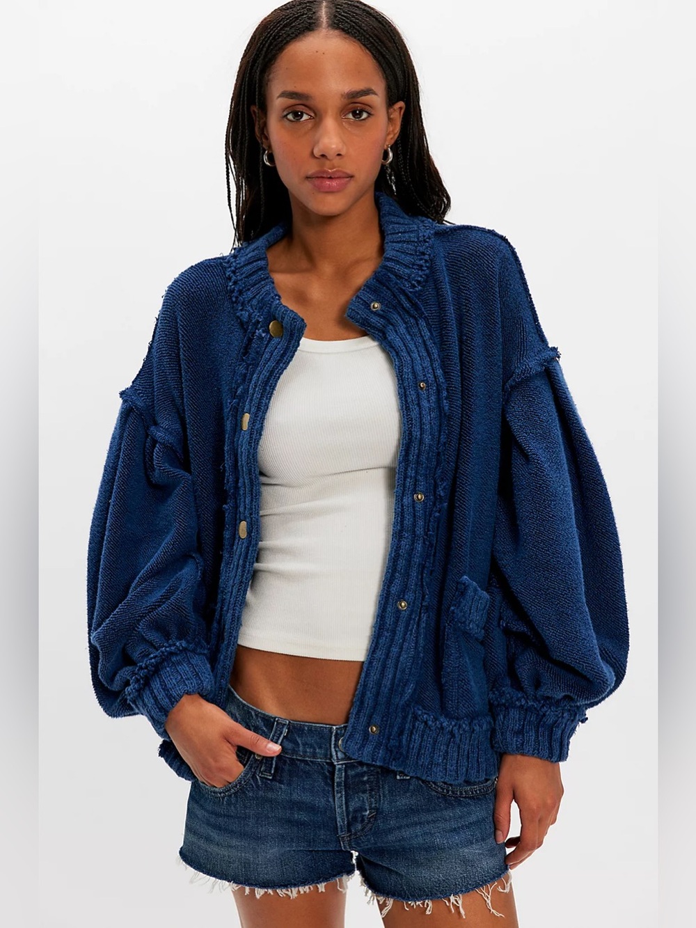 Free People Cute In This Cardigan Insignia Blue Button Up XS